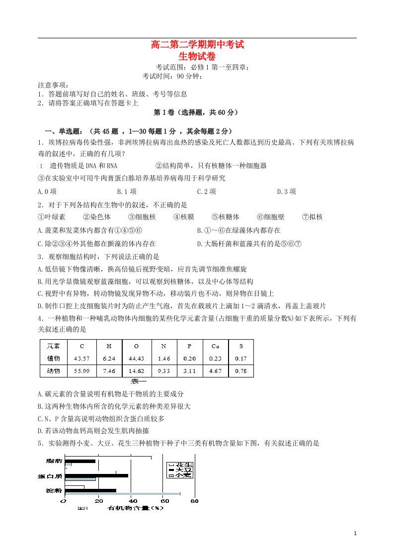 河北省枣强中学高二生物下学期期中试题