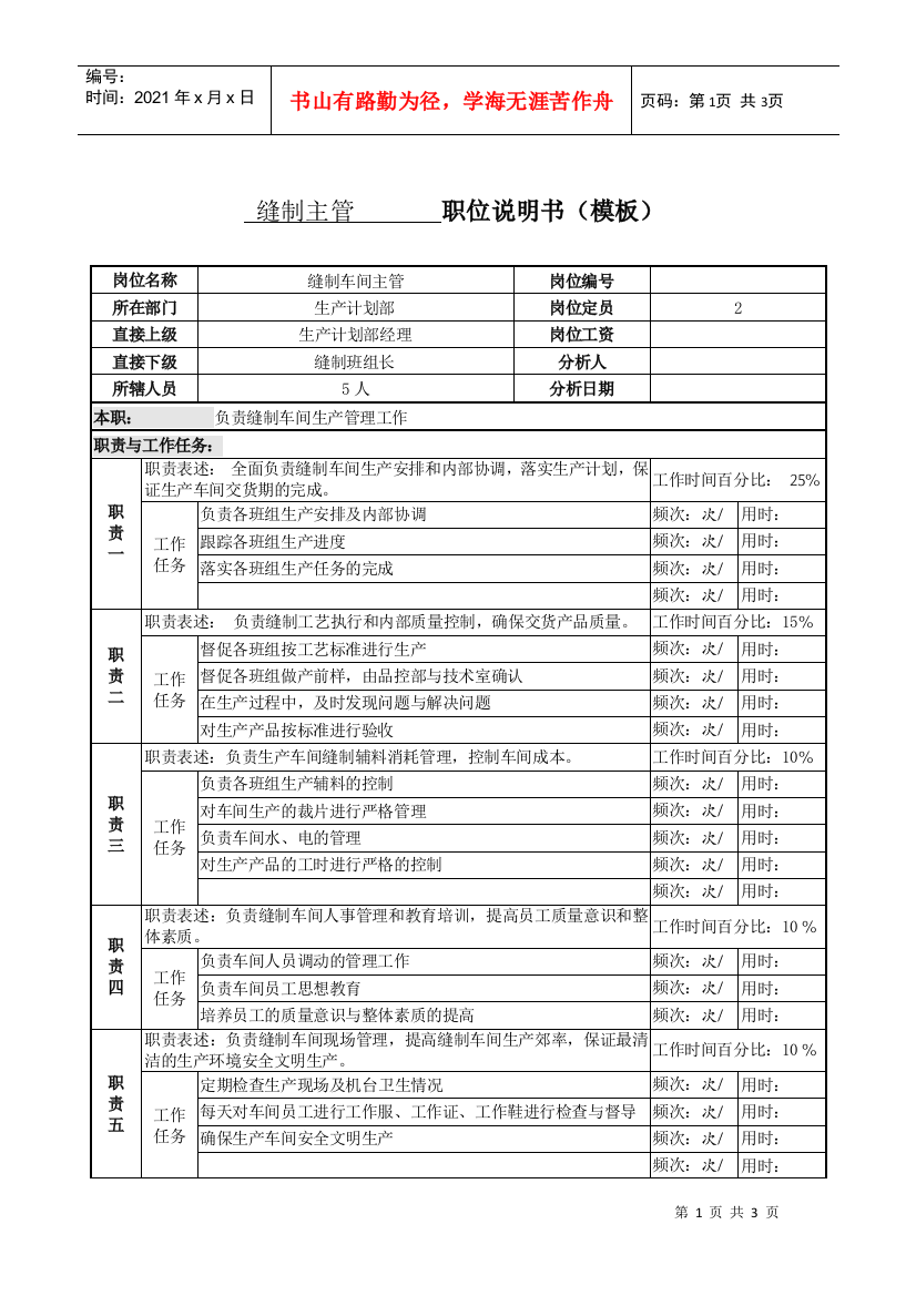 某服装生产企业缝制主管职位说明书