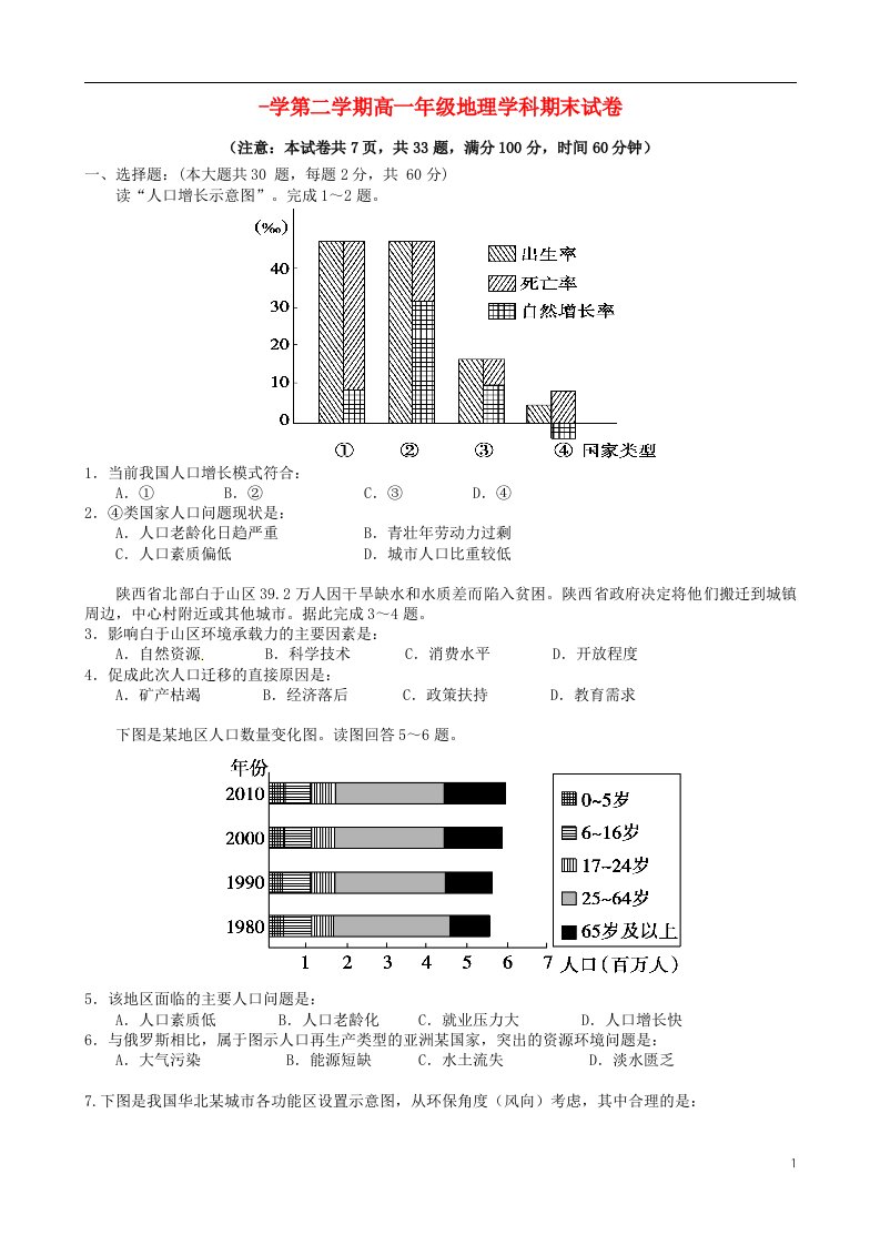 陕西省西北大学附属中学高一地理下学期期末考试试题