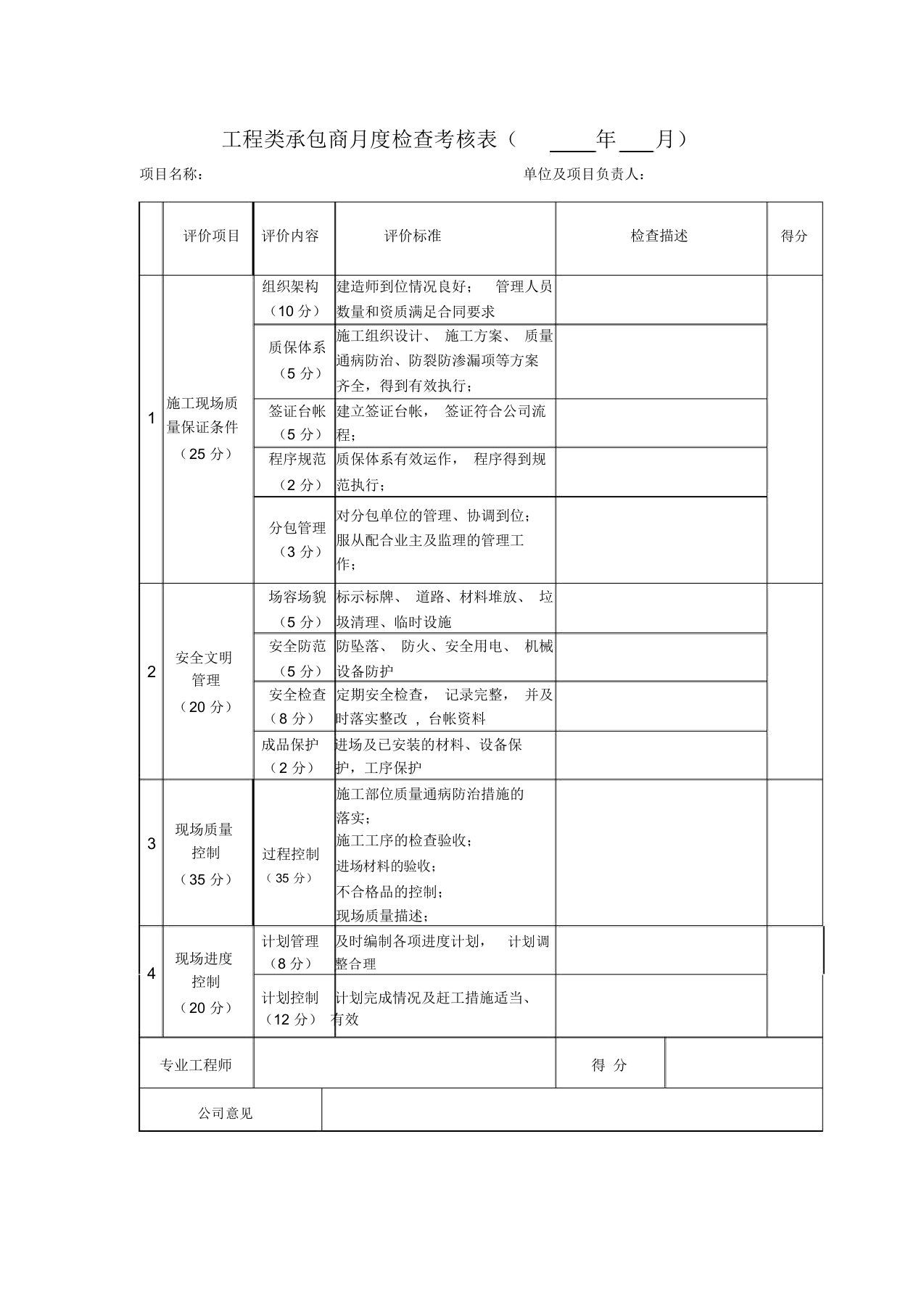 供应商考核评价表格