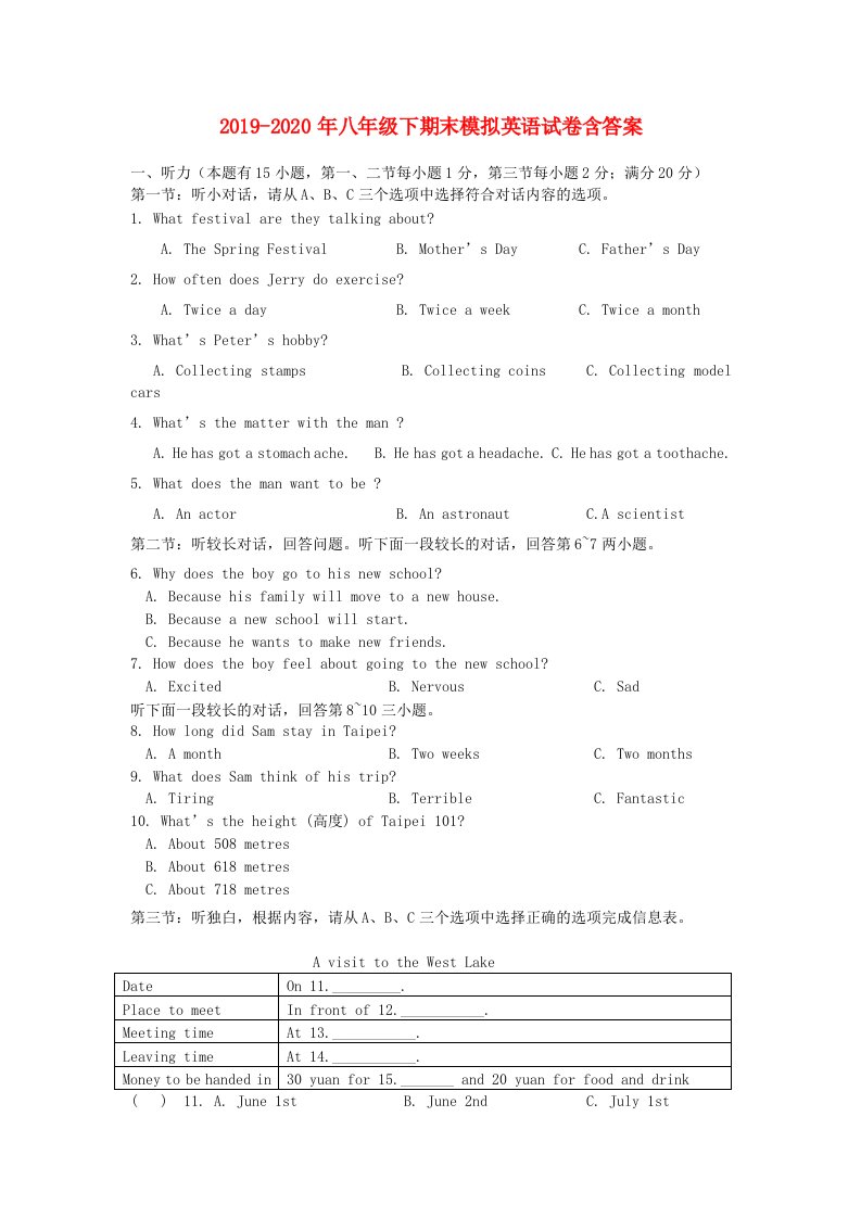 2019-2020年八年级下期末模拟英语试卷含答案