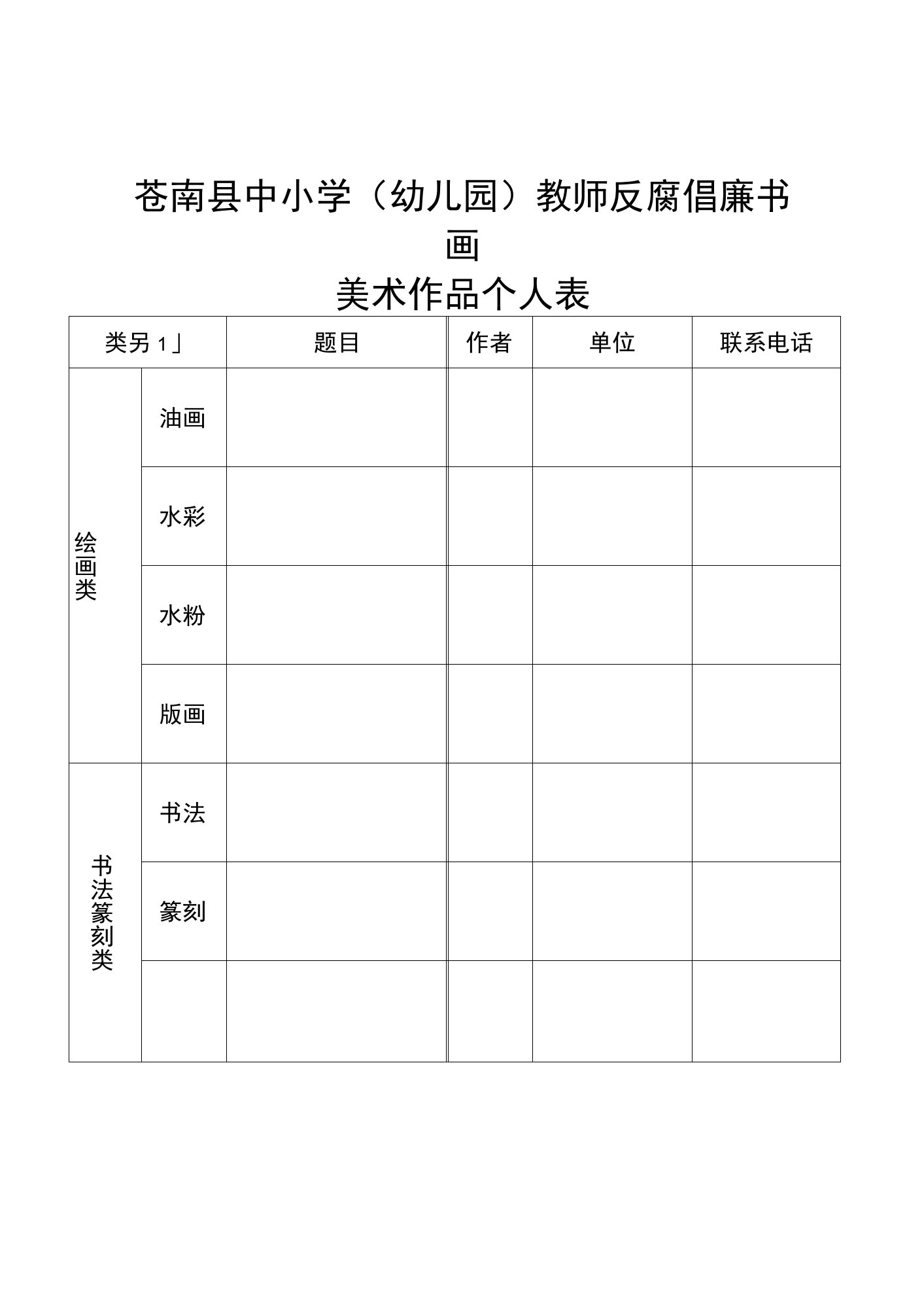 苍南县中小学幼儿园教师反腐倡廉书画美术作品个人表