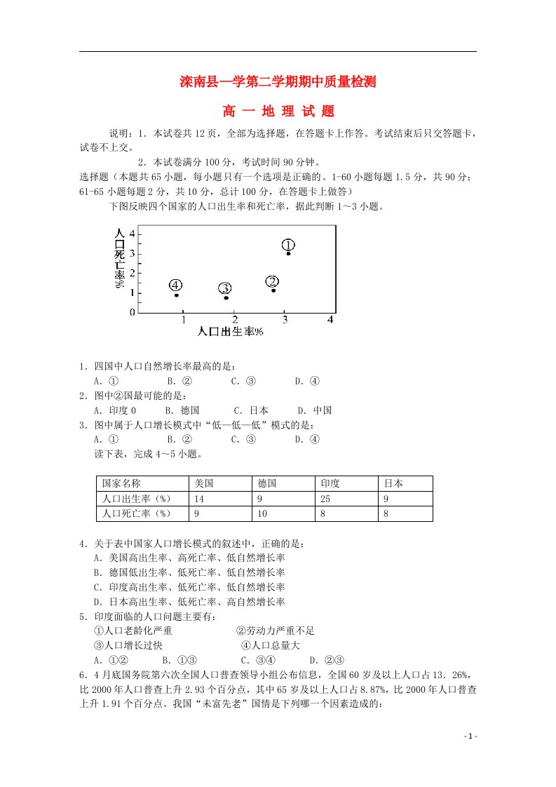 河北省滦南县高一地理下学期期中试题