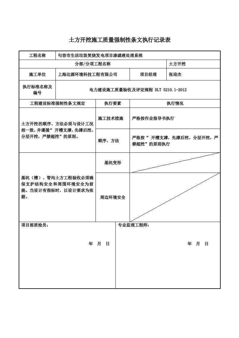 土方开挖施工质量强制性条文执行记录表