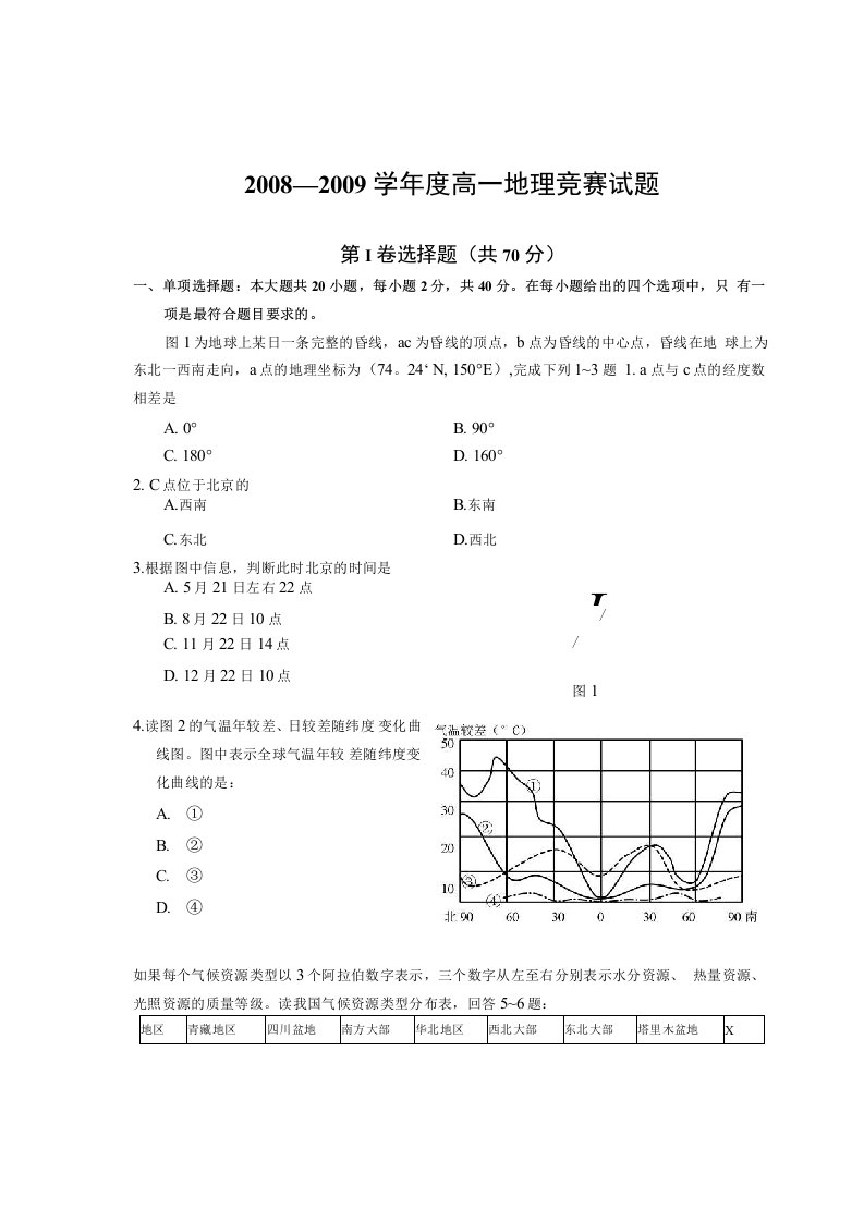 高一地理竞赛试题