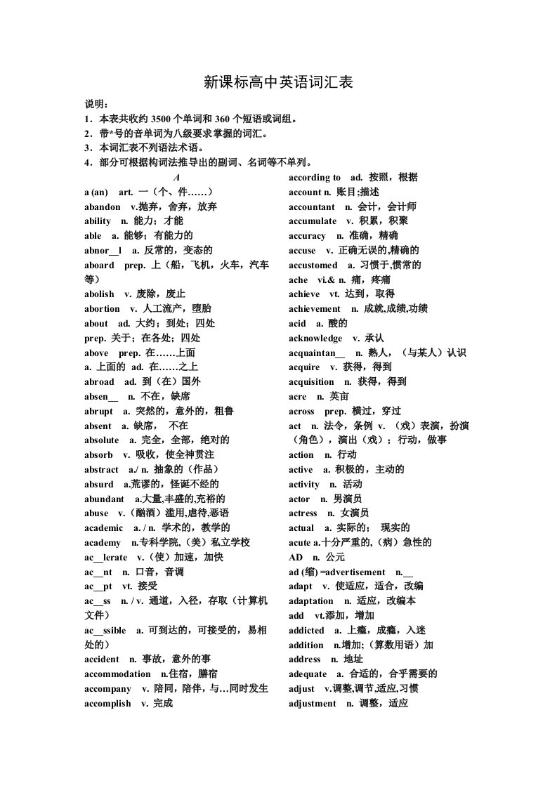 新课标高中英语词汇表