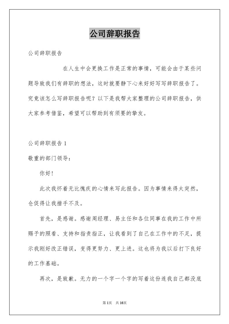 公司辞职报告例文1