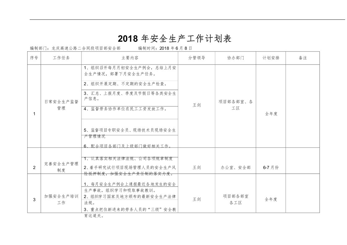 年安全生产工作计划表