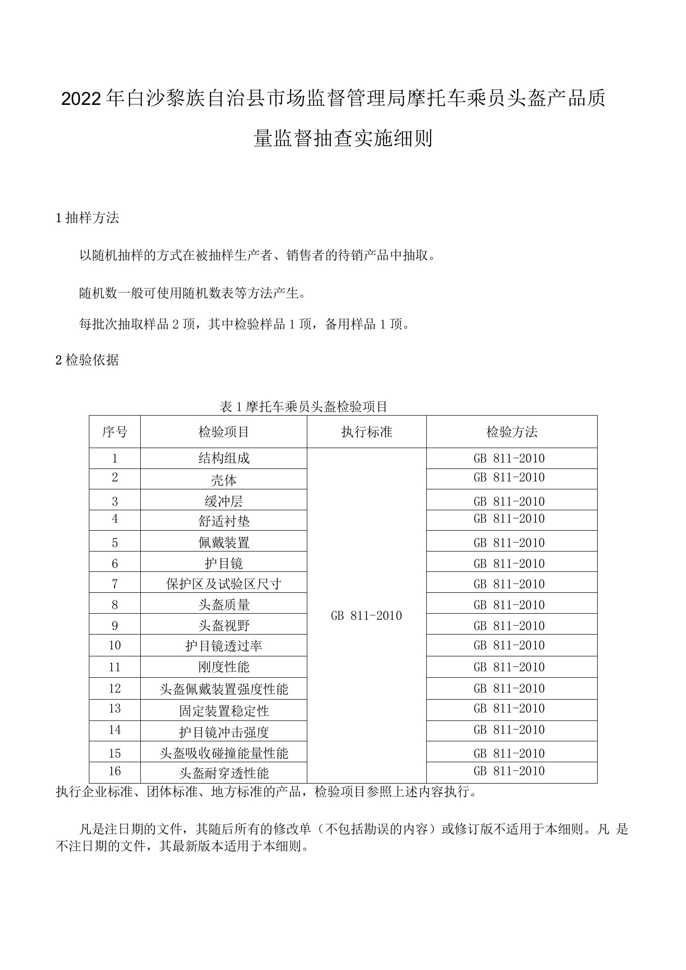 2022年白沙黎族自治县摩托车乘员头盔产品质量监督抽查实施细则