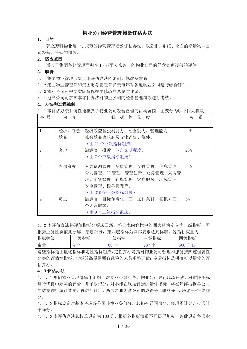 物业公司经营管理绩效评估办法