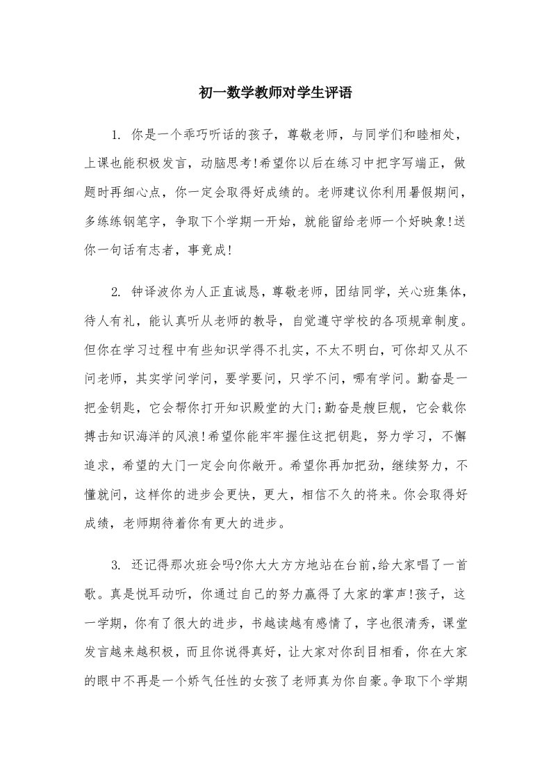 初一数学教师对学生评语