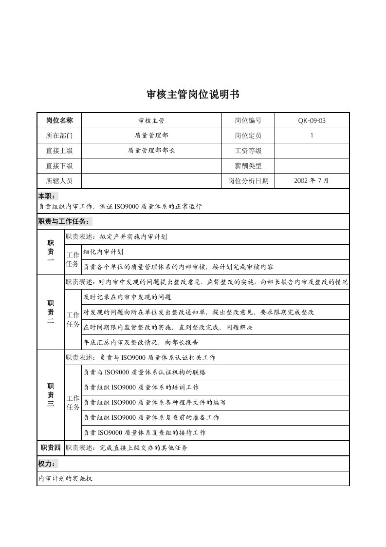 某木业公司质量管理部审核主管岗位职责