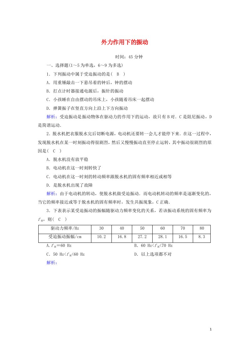 2020_2021学年高中物理第十一章机械振动5外力作用下的振动课时作业含解析新人教版选修3_4