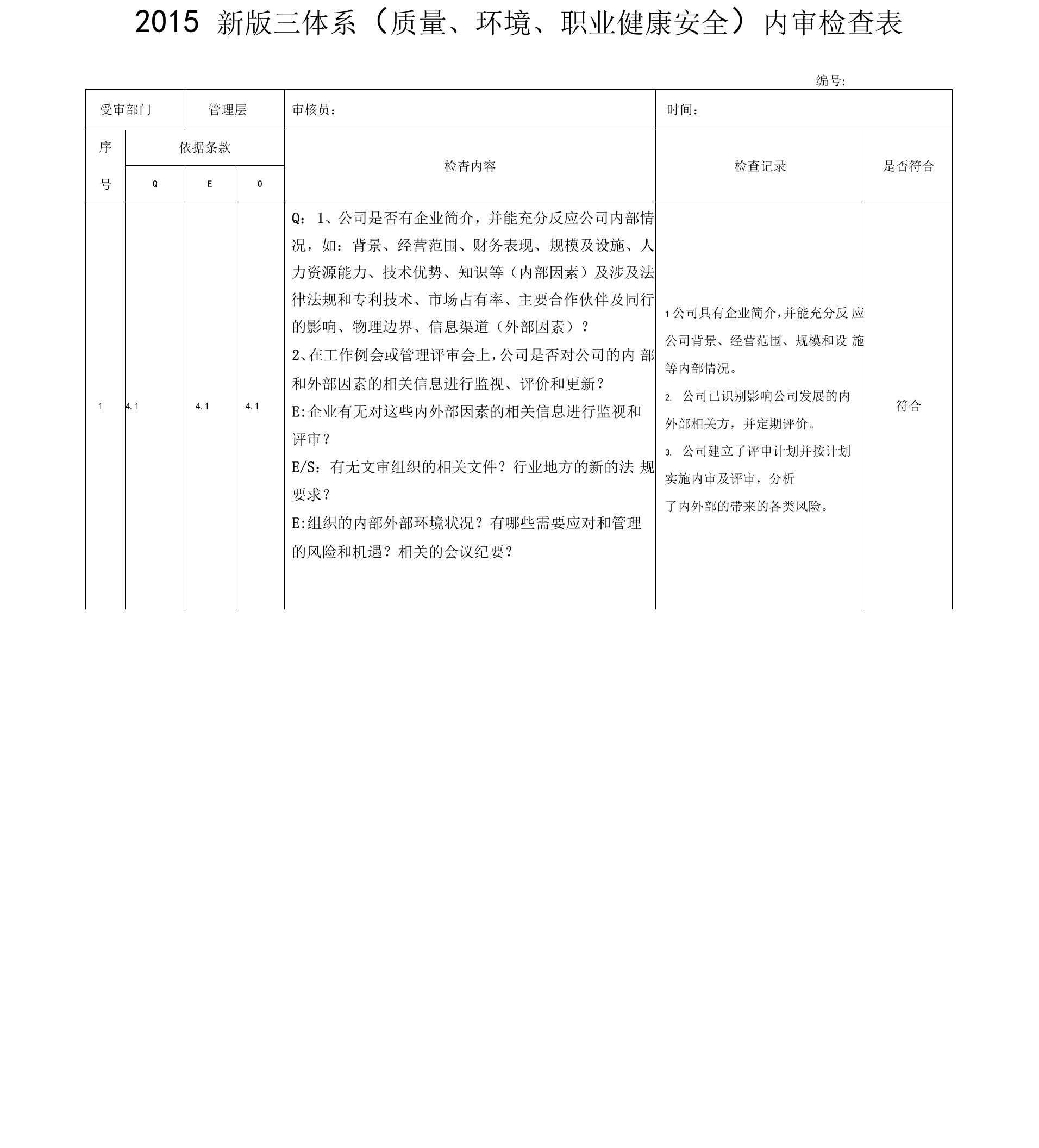 2015新版三体系质量环境职业健康安全内审检查表含审核记录