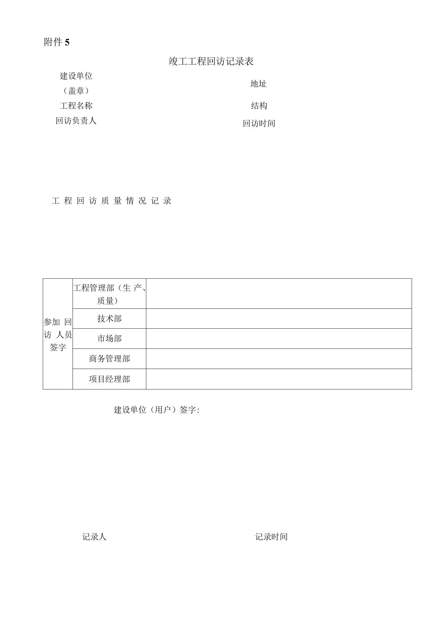 附件5：竣工工程回访记录表