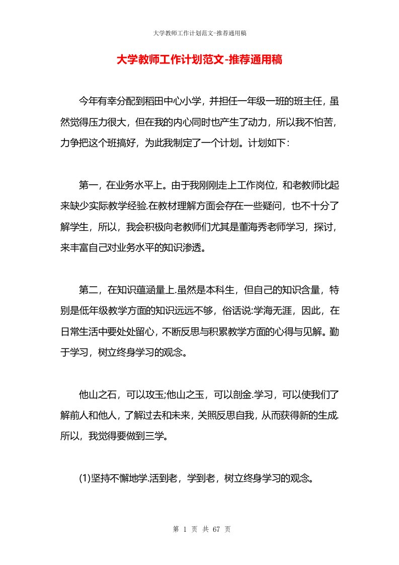 大学教师工作计划范文