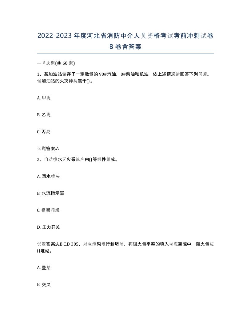 2022-2023年度河北省消防中介人员资格考试考前冲刺试卷B卷含答案