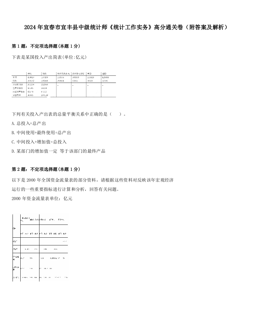 2024年宜春市宜丰县中级统计师《统计工作实务》高分通关卷（附答案及解析）