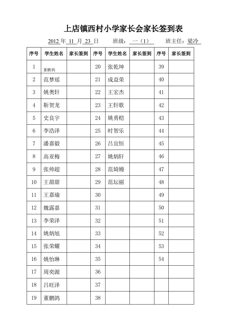 家长学校学员签到表