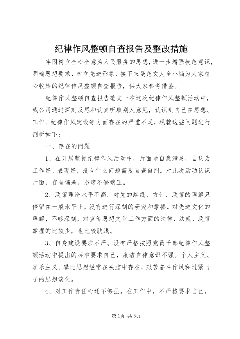 纪律作风整顿自查报告及整改措施