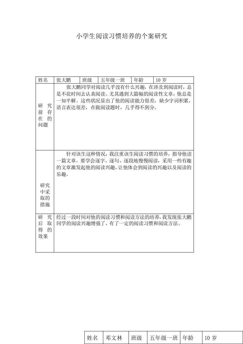 学生阅读习惯培养的个案研