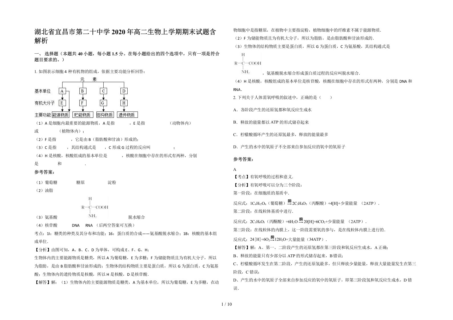 湖北省宜昌市第二十中学2020年高二生物上学期期末试题含解析