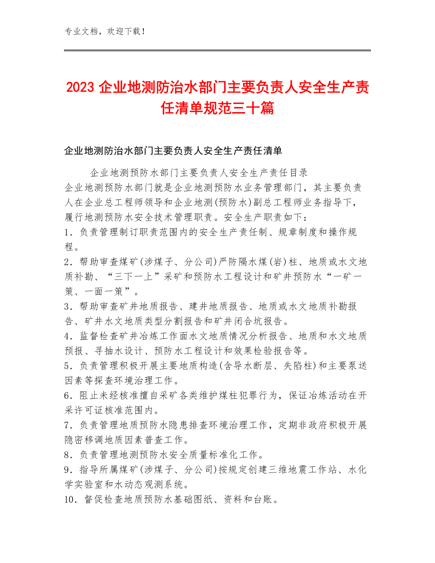 2023企业地测防治水部门主要负责人安全生产责任清单规范三十篇