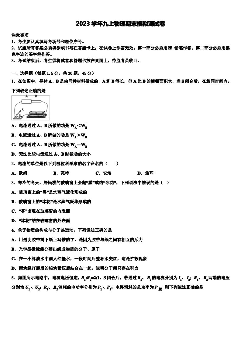 河南省濮阳市名校2023学年九年级物理第一学期期末达标检测模拟试题含解析