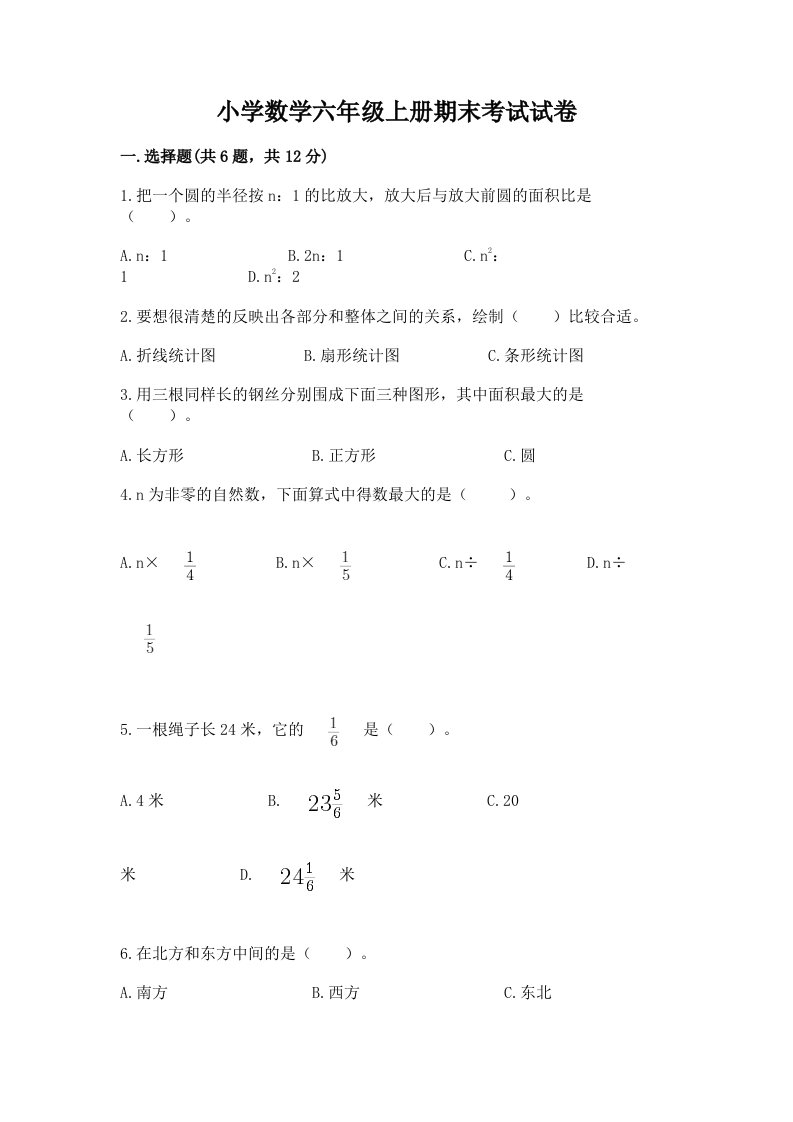 小学数学六年级上册期末考试试卷（达标题）word版