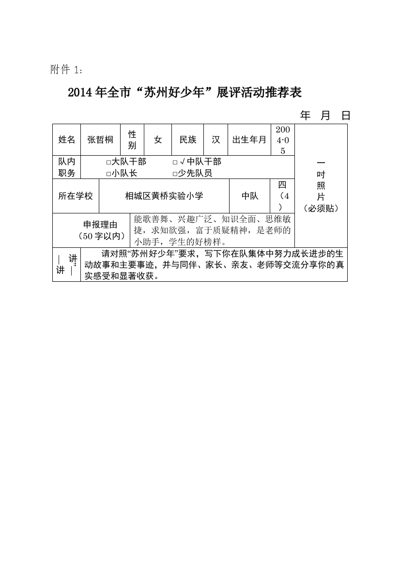 张哲桐好少年评比表格