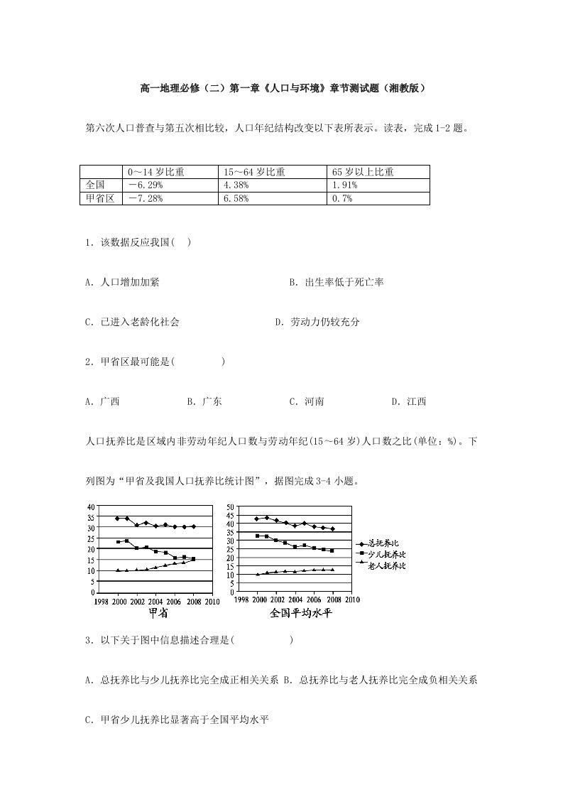 高一地理人口与环境测试题