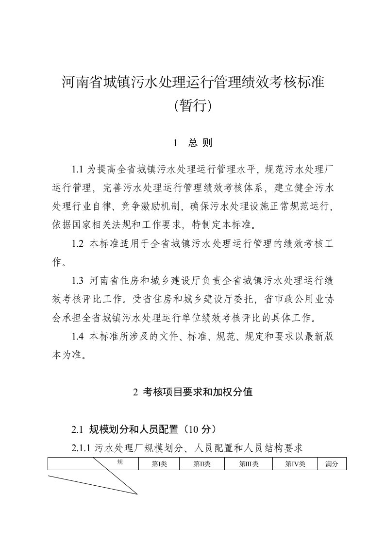 绩效考核-河南省城镇污水处理运行管理绩效考核标准