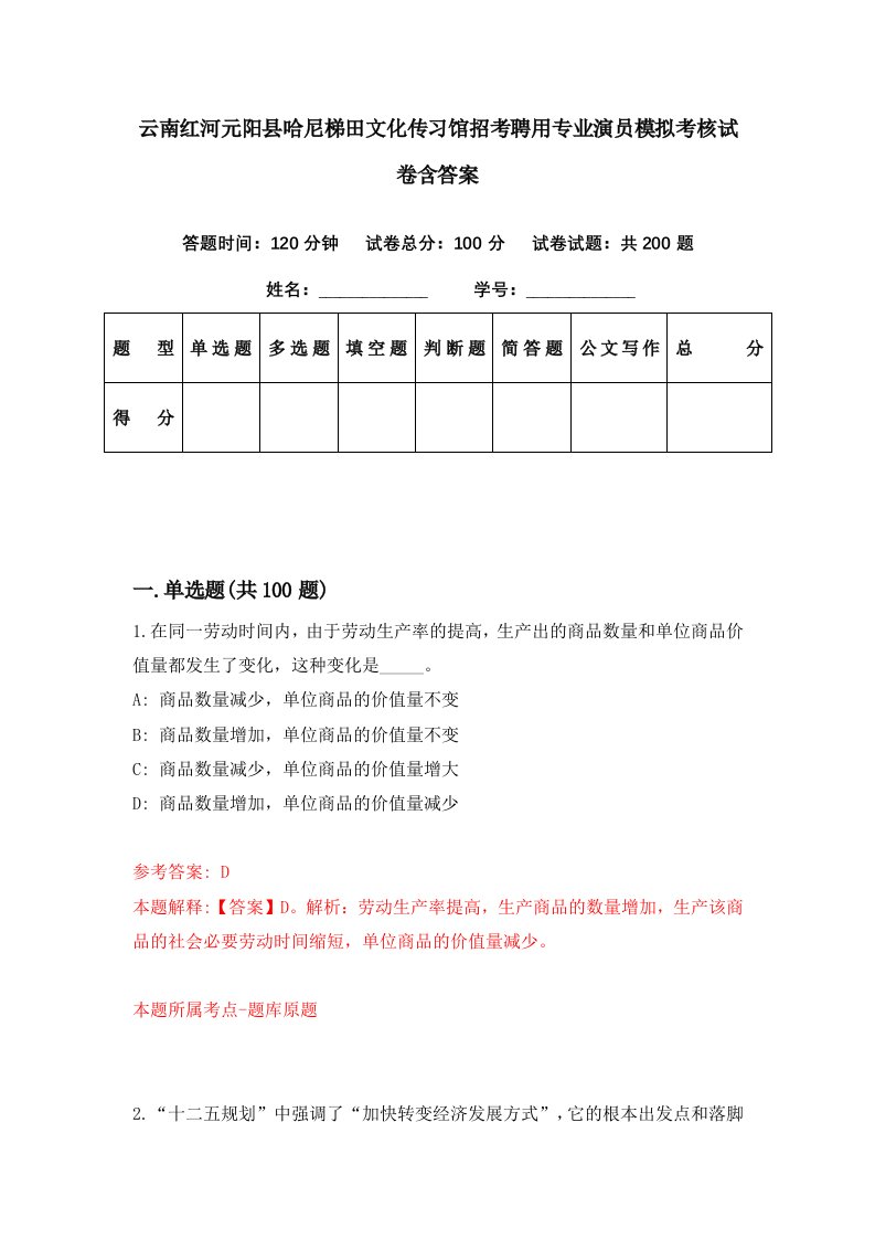 云南红河元阳县哈尼梯田文化传习馆招考聘用专业演员模拟考核试卷含答案4