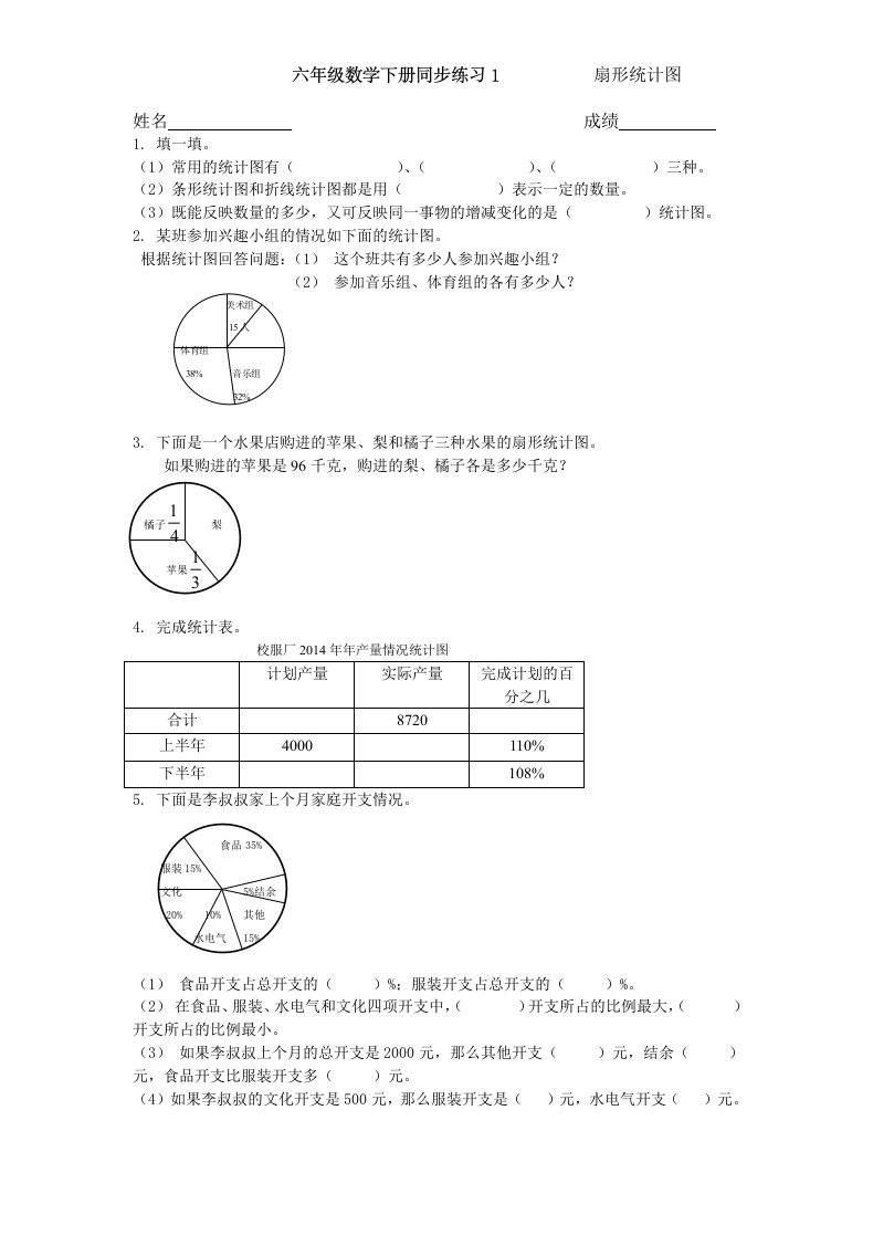 苏教版小学六年级下册数学第一单元《扇形统计图》同步练习试题　共四套