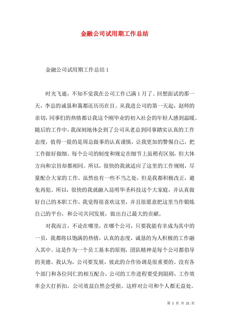 金融公司试用期工作总结