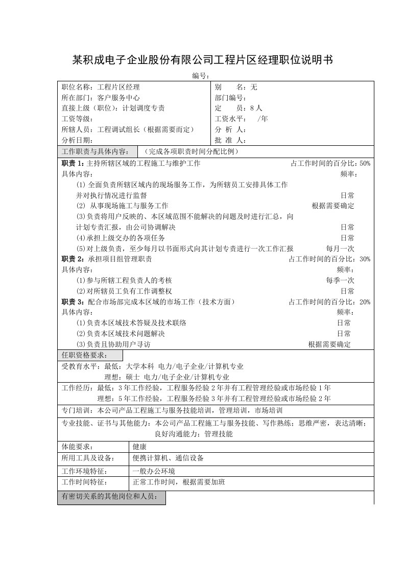 积成电子企业工程片区经理职位说明书