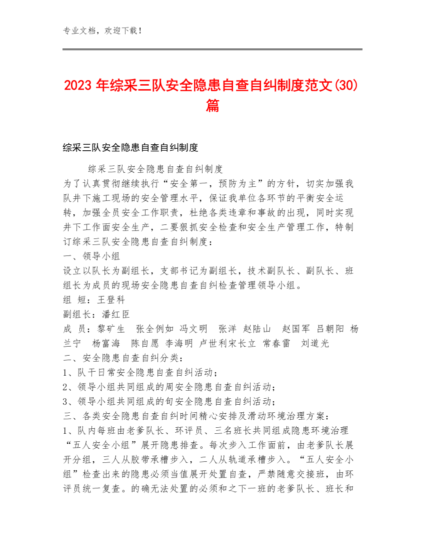 2023年综采三队安全隐患自查自纠制度范文(30)篇