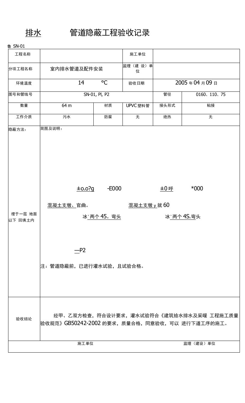 室内给水管道隐蔽工程验收记录表