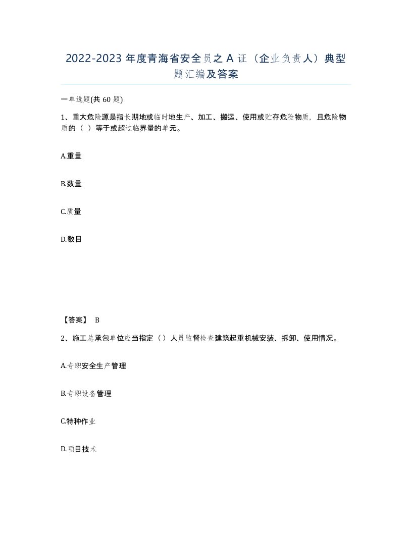 2022-2023年度青海省安全员之A证企业负责人典型题汇编及答案