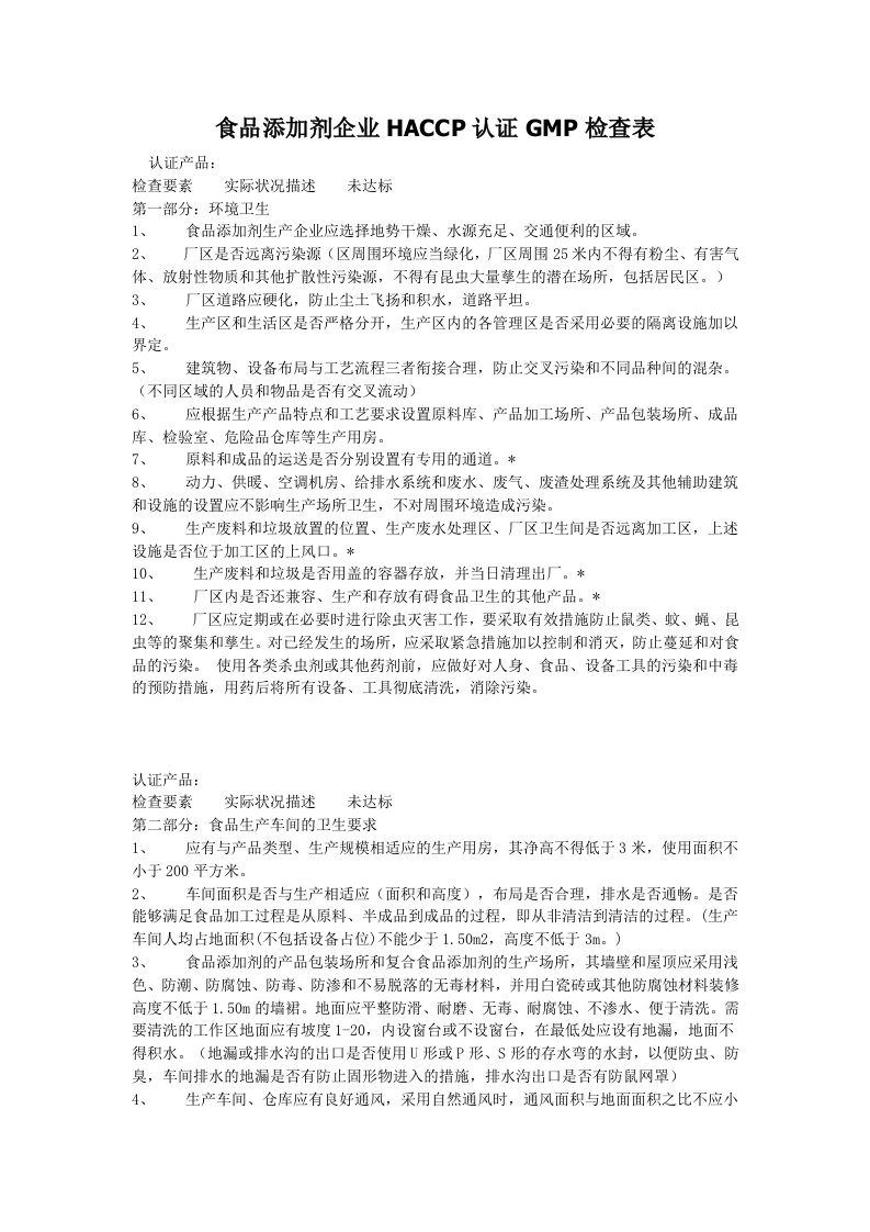 食品添加剂企业HACCP认证GMP检查表