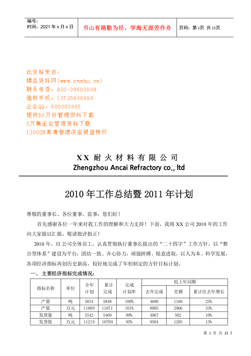 某耐火材料公司年度工作总结与计划