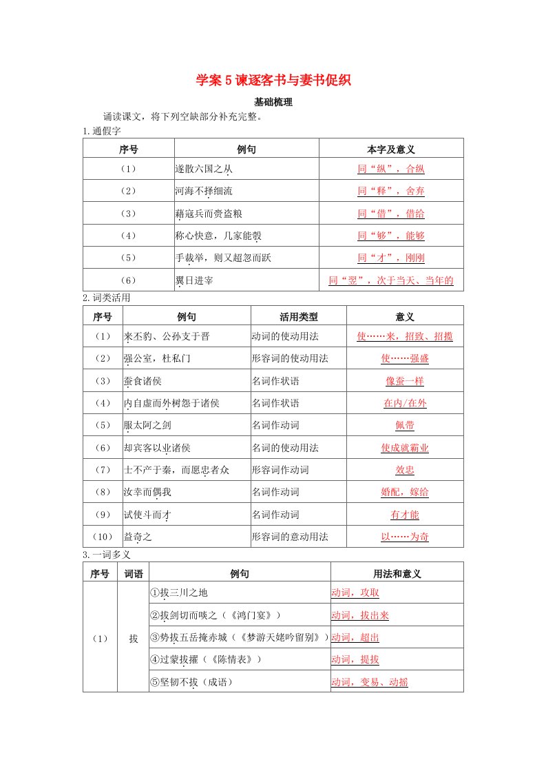 2025版高考语文一轮总复习第五部分教材梳理专题十二文言文梳理学案5谏逐客书与妻书促织