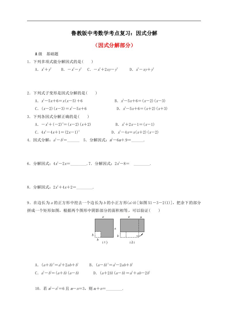 鲁教版中考数学考点复习因式分解