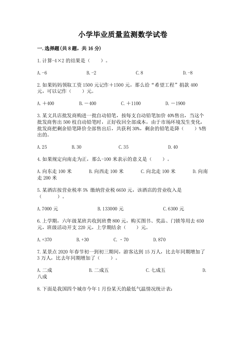 小学毕业质量监测数学试卷含完整答案（全优）