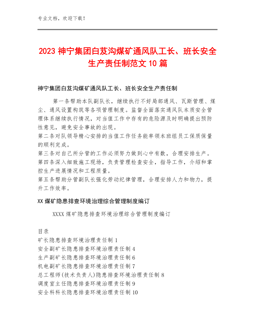 2023神宁集团白芨沟煤矿通风队工长、班长安全生产责任制范文10篇