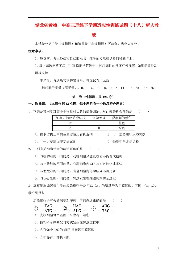 湖北省黄梅一中高三理综下学期适应性训练试题（十八）新人教版