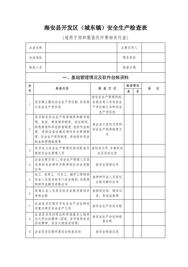 纺织服装化纤等行业安全检查表