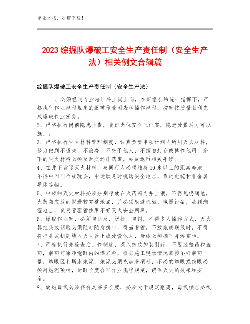 2023综掘队爆破工安全生产责任制（安全生产法）例文合辑篇