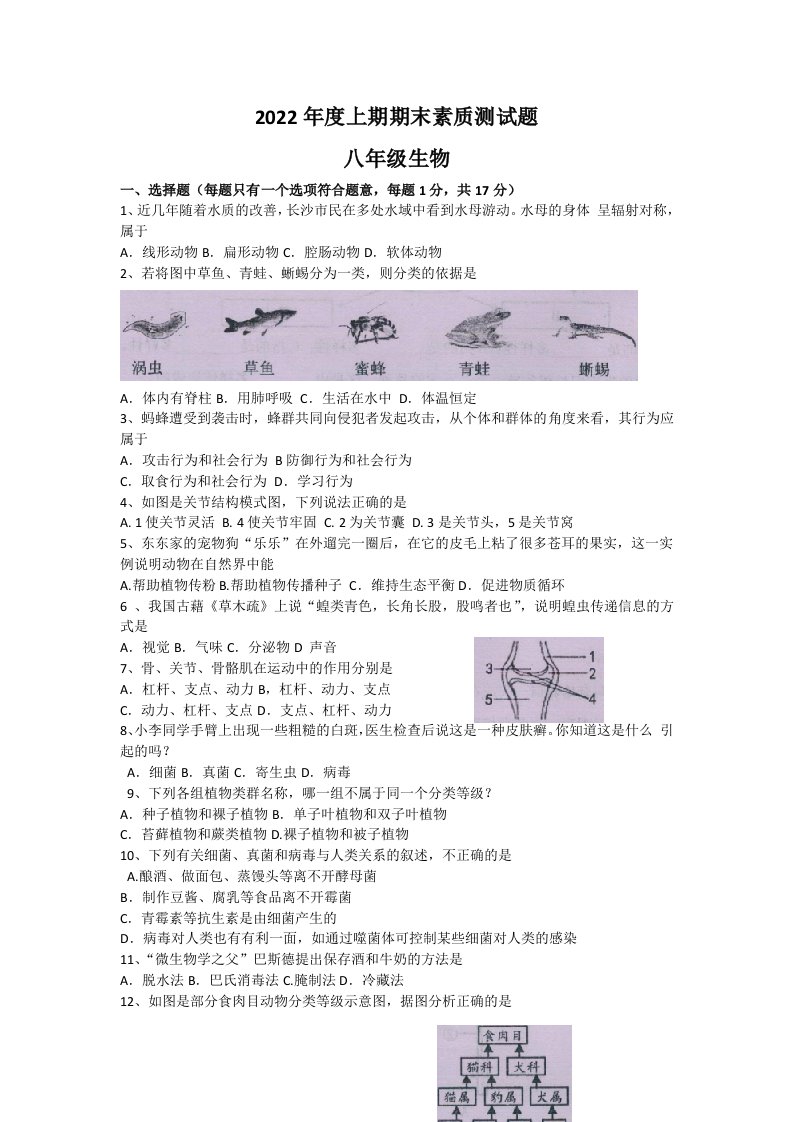 2022年河南省驻马店市汝南县八年级上学期期末生物试卷（含答案）