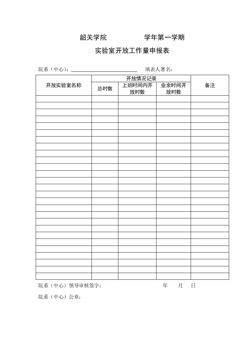 韶关学院实验室开放工作量申报表